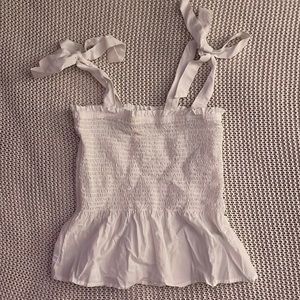 jcrew factory smocked and ruffle shirt with tie straps, summer 2022